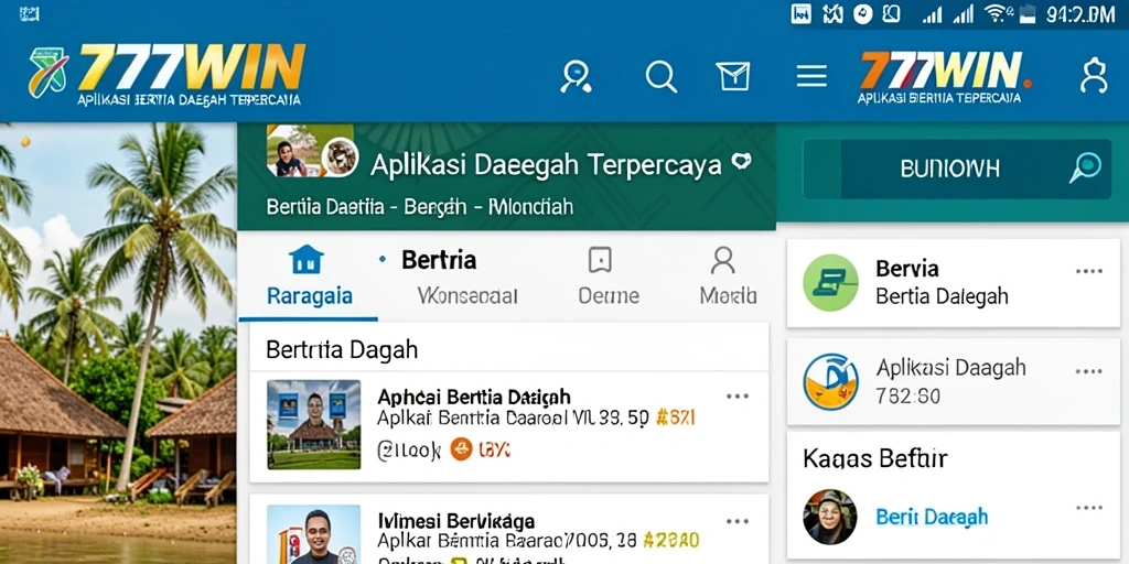 Antarmuka aplikasi 777WIN yang menampilkan berita daerah terkini.