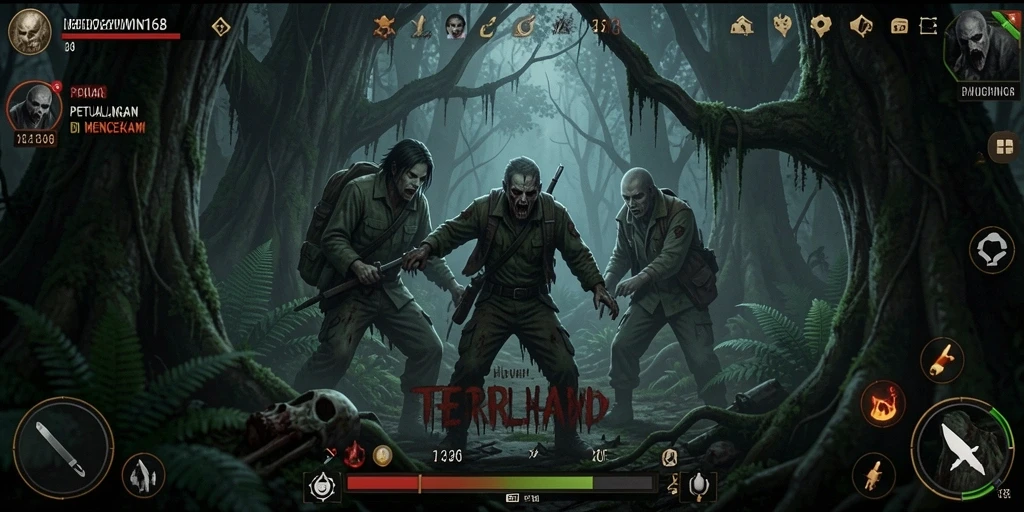 Screenshot game INDOWIN168 menunjukkan suasana mencekam hutan horor.